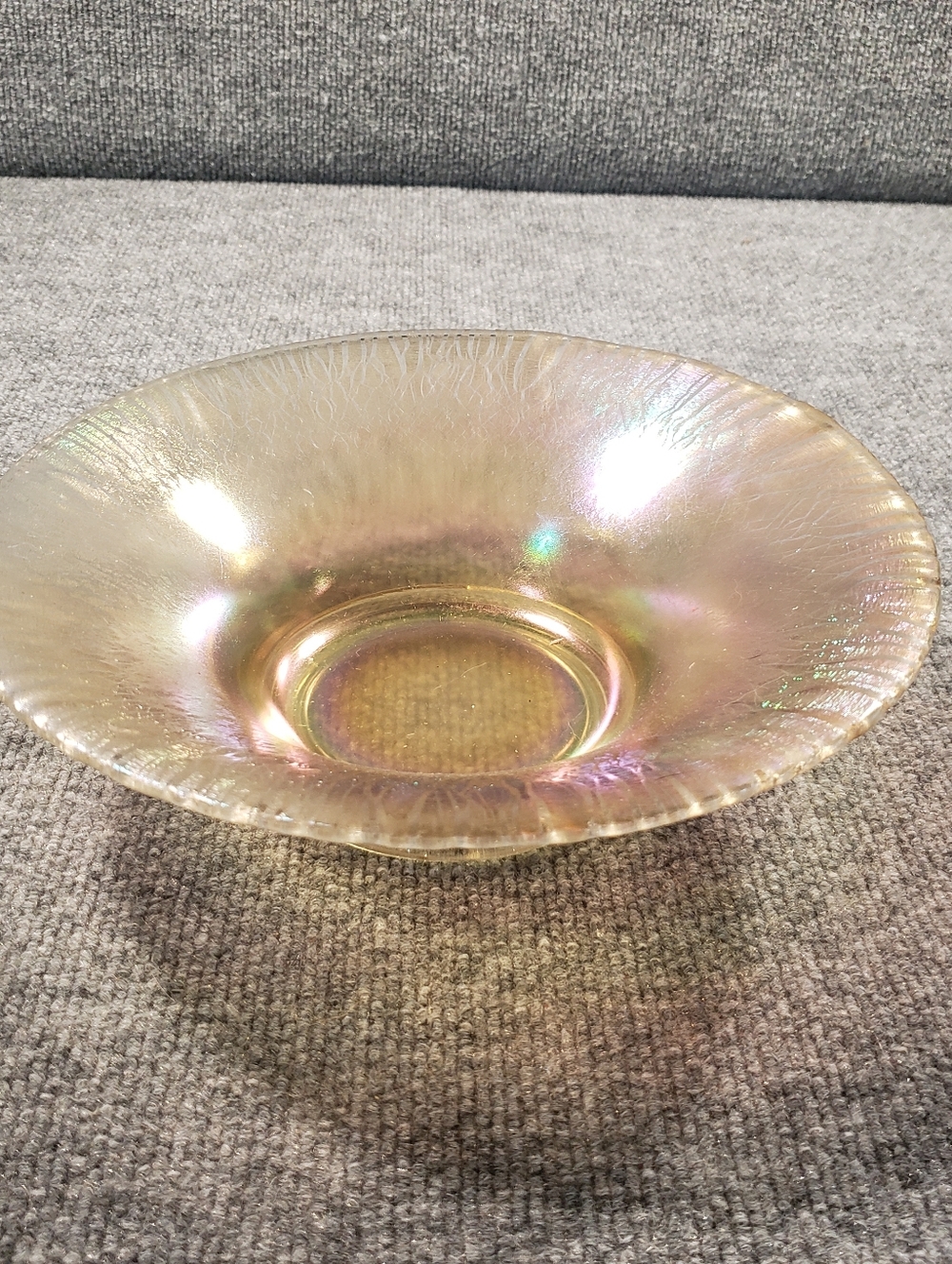 Vintage Stretch Glass Marigold Iridescent Bowl 9.75" dia 3.5" tall Console Dish